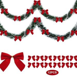 MAOMEI Có thể uốn cong Cành cây tuyết tùng nhân tạo Có thể tháo rời 12 chiếc nơ có thể tháo rời. Cây thường xuân giả màu xanh lá cây Giáng sinh Nơ màu đỏ Dây leo Giáng sinh Cửa ra vào