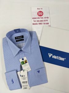 [Việt Tiến ] Sơ Mi Dài Tay- Regular (Suông) - Vạt Bầu - Hoạ tiết ô vuông xanh trên nền trắng