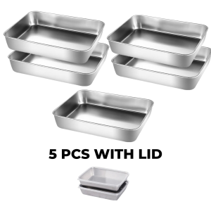 Home2U🏡 Stainless Steel Square Plate Tray With Lid Rectangular Food Storage Pan Commercial Dish Tray Large Refreshing Lunch Box Container