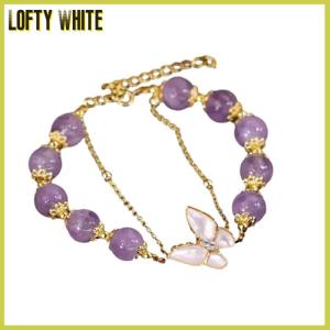 Lofty White Double-layer Purple Beaded Butterfly Pendant Bracelet For Women Girls Fashion Jewelry Gifts