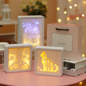 3D Paper Carving Night Light Shadow Box Paper Sculptures Frame Table Lamps Decorative Mood Light Desktop Lamp for Gift Decor