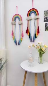 Vibrant Bohemian Rainbow Wall Hanging Handcrafted Macrame Colorful Bow Tassels & PomPoms Wall Decor for Home Room Classroom Dorm or Party