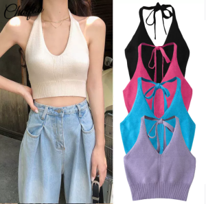 ChoiFoo เสื้อกล้ามแฟชั่นสำหรับผู้หญิงเสื้อกล้ามแฟชั่นคอแขวนเสื้อเสื้อแขนกุดผ้าถักเปลือยหลังเข้ารูปพอดี Cewek Seksi สั้นฤดูร้อนเย็นและระบายอากาศได้ดีเสื้อท่อนบนคามิโซลเสื้อแขนกุดนุ่มและสบายผิวเป็นมิตร