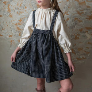 Retro Black Plaid Girls Pinafore Dress 2026 Summer New Childrens Cotton Casual Loose Adjustable Straps Dresses TZ2882026
