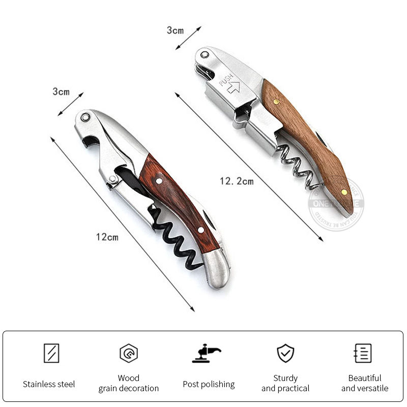 Onetwone Wood Handle Professional Waiter Corkscrew With PU Storage Bag, Stainless Steel Multifunctional Wine Opener & Foil Cutter
_voghion.com