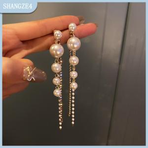 【SHANGZE4】 Dài dangle bông tai cho phụ nữ mới thời trang đầy đủ tinh thể mô phỏng ngọc trai tua thả Bông tai đồ trang sức cổ điển