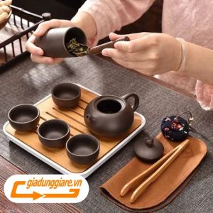 BỘ ẤM TRÀ xách tay cao cấp tách pha chè gốm đẹp bộ bình chà đất nung tử sa kèm túi xách đi du lịch - giadunggiare.vn