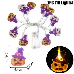 1.5M/10LED Halloween Pumpkin String Lights Cartoon Skeleton Bat Spider Web Pattern Battery Powered Atmosphere Decoration String Lights 2024 Halloween Party Decoration Supplies