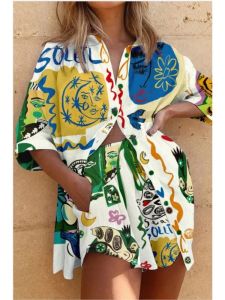 Động vật mùa hè In Quần Short Áo Sơ Mi Nữ Phù Hợp Với Bãi Biển Kỳ Nghỉ Giản Dị Lỏng Phụ Nữ Phù Hợp Với Áo ngắn tay Thắt lưng co giãn bộ quần đùi