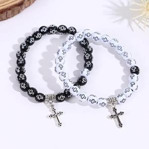 Temu Hot Selling Black and White Cross Beads Bracelet Cross Bracelet Mens and Womens Rosary Bracelet Couple Style