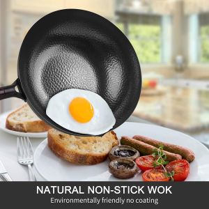 YALEER Non-stick Pan Carbon Steel Wok Stir Fry Pan Flat Bottom Pan Zhangqiu Cast Iron Wok for Induction Cooker and Gas Stove(32 cm)