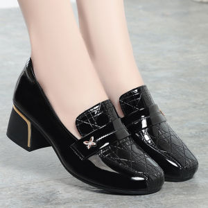 British Style Deep Mouth Block Heels Shoes Women Loafers Bright Leather Spring Autumn Office Mom Soft Leather Shoes
