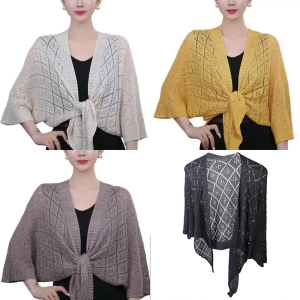 Lightweight Summer Knitted Wrap Shoulder Shawl with Openwork Design Enjoy Sun Protections and Easy Pairing