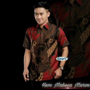 Kemeja Hem Batik Pria Lengan Pendek Baju Batik Kantor Pria Modern Batik Motif WAW Maron Exclusive Terbaru