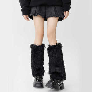 1 Pair Fashion Casual Style Womens Winter Leg Warmers Artificial Fur Solid Color Mid Tube Knitted Warm Leg Protection Socks