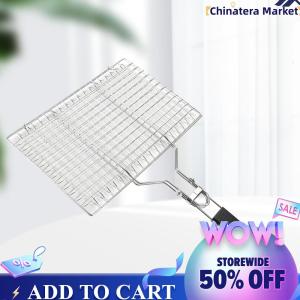 【Chinatera】 BBQ Grilling Basket Wooden Handle Outdoor Camping BBQ Rack Stainless Steel Grill Basket with Detachable Handle for Fish Vegetables Steak Shrimp Chops