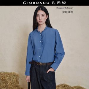 Giordano Women Ruffle mandarin collar long sleeve loose shirt Free Shipping 18346619