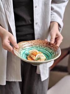 〖Beautiful Ice Crack〗2026 new 8-inch bamboo hat bowl blue art ceramic salad bowl noodle bowl