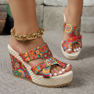 [Free Shipping] Plus-Size WomenS Sandals 2026 Summer New Collection Featuring Printed Patterns Thick Soles Bohemian And Ethnic Styles And Wedge Heels