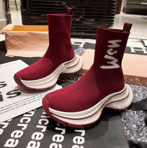 Alphabet Knitted Stretch Sock Shoes Womens Platform Height Sock Boots Mid-cut Martin Boots Skinny Boots
