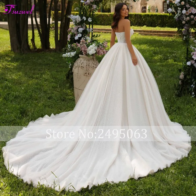 Ready Stock-Fsuzwel Charming Strapless Zipper Ball Gown Wedding Dress 2023  Luxury Beading Long Sleeve Lace Court Train Princess Bridal Gown