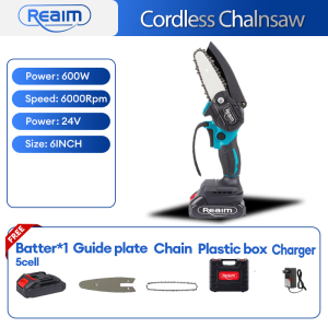 REAIM Cordless Electric Mini Chainsaw - 6 Inch 24V/48V Handheld Portable Saw with Rechargeable Lithium Battery for Wood Cutting & Pruning