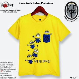 KFS 11 Baju Kaos Anak Laki Perempuan Cotton 30s Gambar Minion Saku Kuning