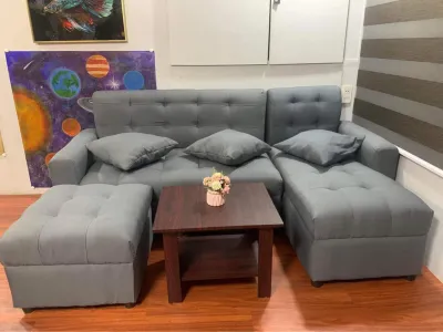 SALA SET L SHAPE GREY FABRIC SOFA WITH CENTER TABLE URATEX FOAM / COD ONLY !!!