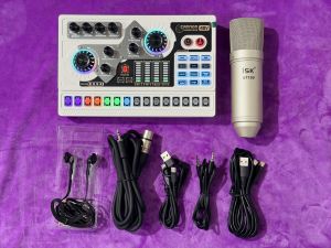 Combo Sound Card X5 Bluetooth + Micro Thu Âm AT100 + Tai nghe Livestream Karaoke Podcast Thu Âm Chuyên Nghiệp Hỗ Trợ 48V Autotune