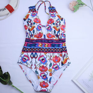 ชุดว่ายน้ำวันพีซเว้าหลังของผู้หญิงชุดว่ายน้ำลาย Monokin ดันทรงบิกีนี่เสริมฟองน้ำไขว้เปิดหลังชายหาดขนาดใหญ่พิเศษ