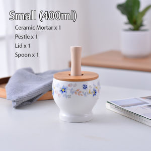 Kitchen Ceramic Mortar and Pestle Set Spice Herb Garlic Crusher Guacamole Bowl with Lid Spoon