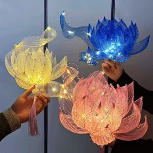 DEER Handmade Handheld Lotus Lantern Ancient Style DIY Craft Kit Ribbon Fairy Lotus Lantern Creative Gift Luminous Glowing Floating Lotus Light Chinese Style