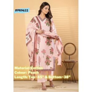 DEBAYU Readiprint Cotton Kurti with Bottom and Dupatta Set Embroidered Neckline Size M to L Malaysia