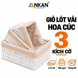 Giỏ Cói Lót Vải Hoa Nhí ANKAN Cao Cấp Giỏ Đựng Mỹ Phẩm Đồ Ăn Vặt Decor Vintage Chuẩn Hàn Sang Xịn