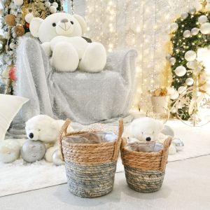 Plant Basket in Rattan seagrass for Indoor Plants in Blue color with Handle 1 set (1 Medium and 1 Small basket)