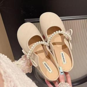 [Free Shipping] Summer Korean-Style Pearl-Embellished Half-Slipper Sandals For Women 2026 New Collection Fashionable Summer Sandals To Pair With Dresses Gentle And Comfortable