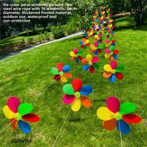ADREE 10pcs Chuỗi cài đặt miễn phí Dây cối xay gió cánh hoa cối xay gió nhiều màu 26cm 10 mét Sáu màu sắc Cánh quạt nhựa Chất lượng cao Làm thủ công Cối xay gió dây Sân và vườn