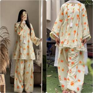 [PRE ORDER : 10 DAYS] Heavy Pure Natural Crepe Designer Suit Set with Fancy Sleeves Farshi Pant and Nazmin Dupatta _5362
