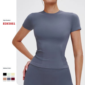 MUTUER Women Quick-Drying Seamless Yoga Short-Sleeve Top Round Neck Athletic Fitted Outdoor Running Sports T-Shirts