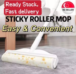 [SG SELLER] Sticky Lint Roller Mop Extendable Rod 124cm Sticky Paper 60 Sheets Per Roller width 24CM for Household