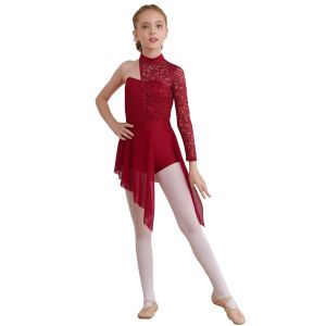 Kids Girls Ballet Jazz Dance Dress Long Sleeve Side Split Sheer Mesh Ruched Glittery Rhinestones Lyrical Dance Leotard Dress2026