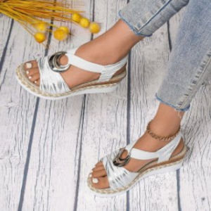 [Free Shipping] Plus-Size WomenS Sandals With Metal Buckle Decoration Wedge Heel Rope Thick Sole Open-Toe Casual WomenS Chunky Heel