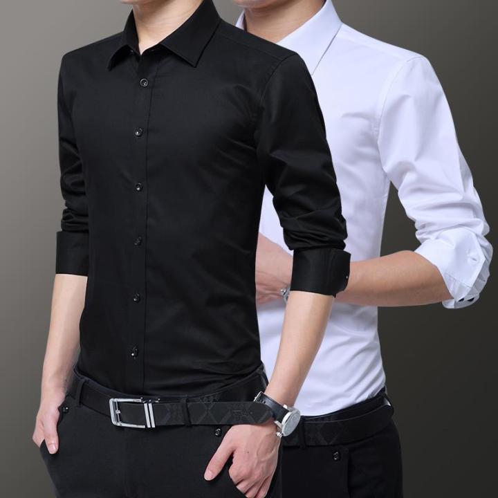 Men's New Versatile White Shirt Long Sleeve with Suit Port Style Slim ...