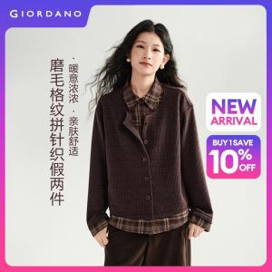 GIORDANO Women Jackets Fake Two-Piece Knit & Woven Jackets Button Closure Fashionable Casual Relaxed Plaid Jackets 18376217