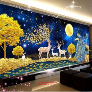 (mẫu siêu hót chưa thêu) Tranh thêu Hươu tài lộc dưới ánh trăng đàn cá tung tăng bới kích thước 150x70 cm