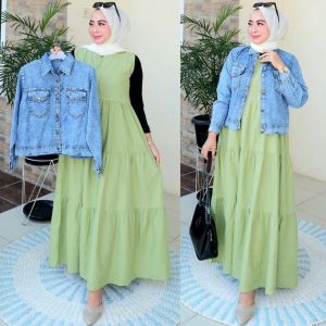 QF Gamis Rompi Jeans polos / gamis cardigan wanita model terbaru / fashion wanita modern syari