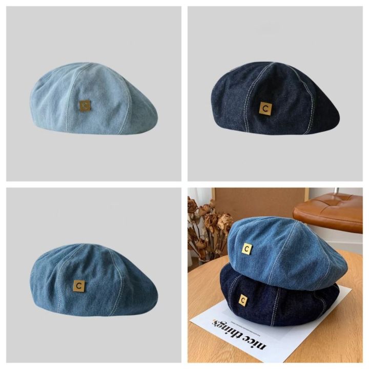 Qdgkdc Denim Cowboy Beret Cap Y2k Blue Octagonal Hat Japanese Letter 