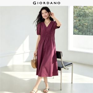 GIORDANO Women Dresses 100% Cotton Shirred Waist Midi Dresses V-Neck Puff Sleeve Fashionable Casual Dresses 05466348