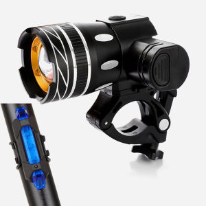 Combo Đèn pha xe đạp siêu sáng chống nước sạc điện Usb (kèm chân đế) và đèn hậu cảnh báo gắn đuôi xe đạp KAVISOTA