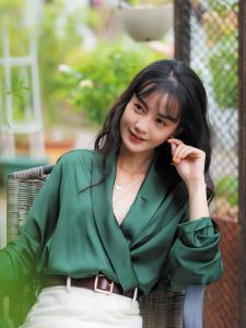 Alisa.Sonya Womens Retro Satin Shirts Womens Satin V Neck with Buttons Long Sleeves Wrap Elegant Blouse Shirt